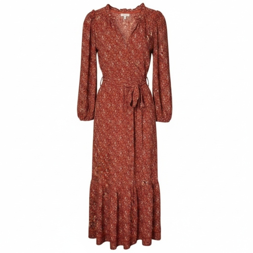 Max Studio Orange Boho Cottage Peasant Midi Belted Tiered Dress XS